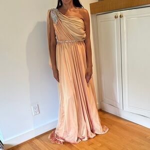 Couture One-Shoulder Peach Evening Gown with Beaded Detail